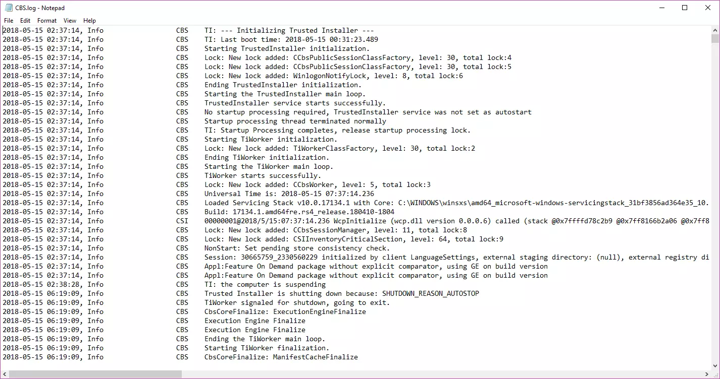A screenshot of a CBS log file resulting from the System File Checker.