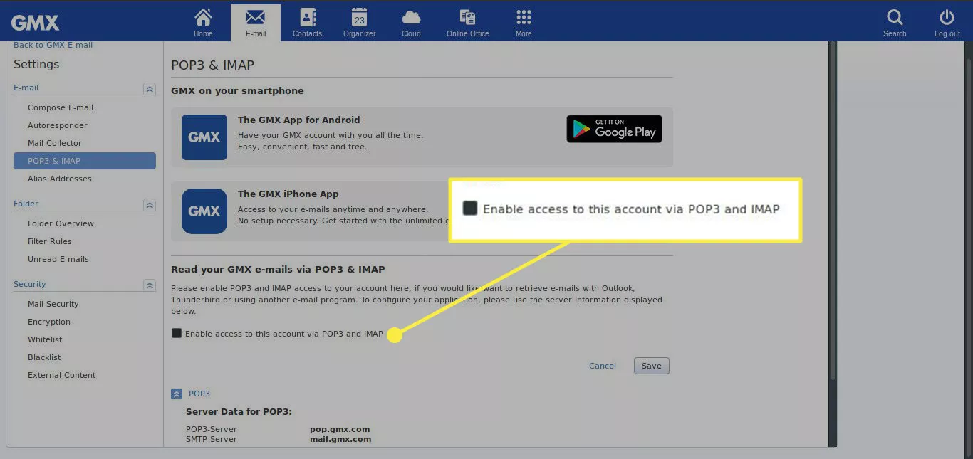 A screenshot of GMX's POP3 and IMAP settings with the option "Enable access" highlighted