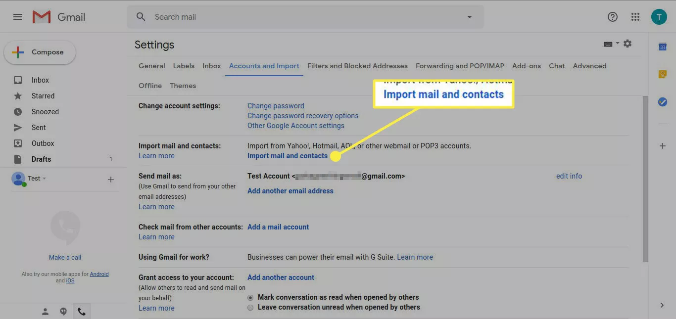 Schermata degli account Gmail e delle impostazioni di importazione con il pulsante "Importa posta e contatti" evidenziato