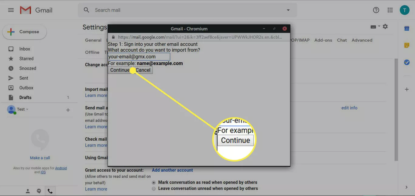 A screenshot of the Gmail account import screen with the Continue button highlighted