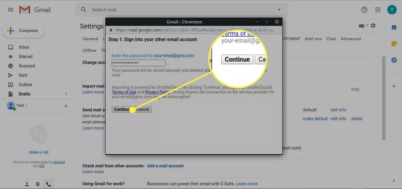 Screenshot of the Gmail "Add Account" screen with the Continue button highlighted