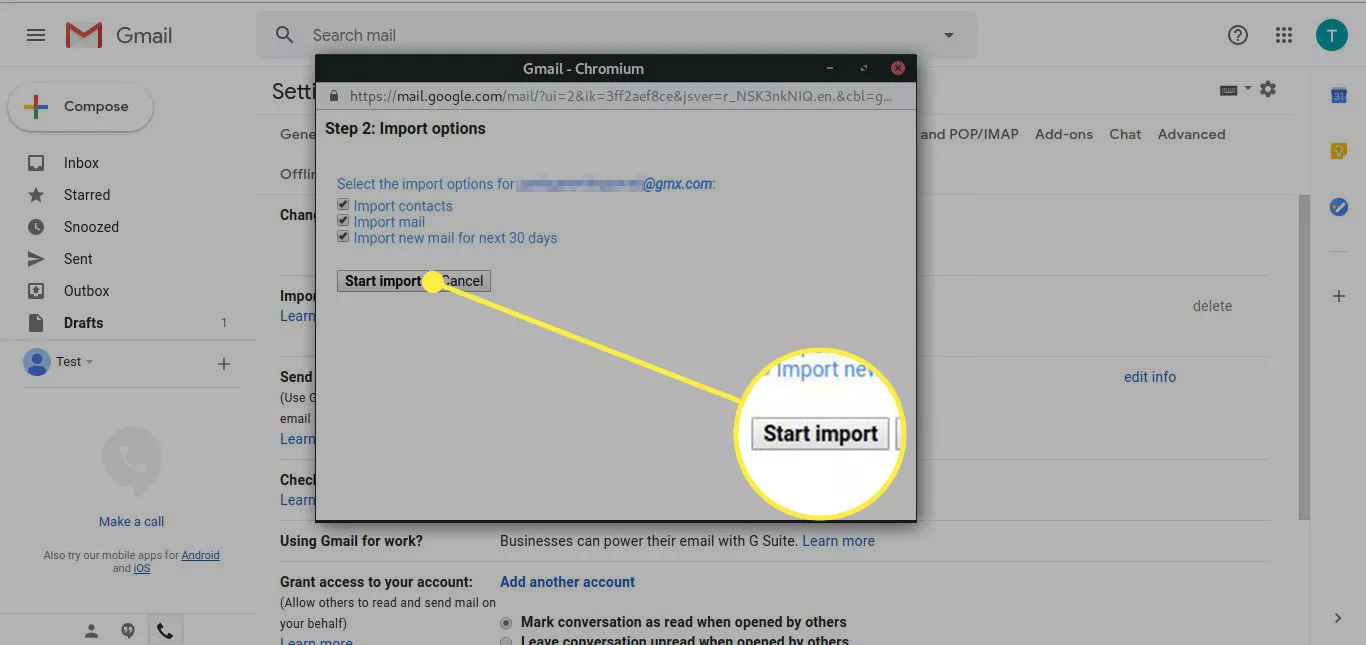 A screenshot of the Gmail import options screen with the Start Import button highlighted