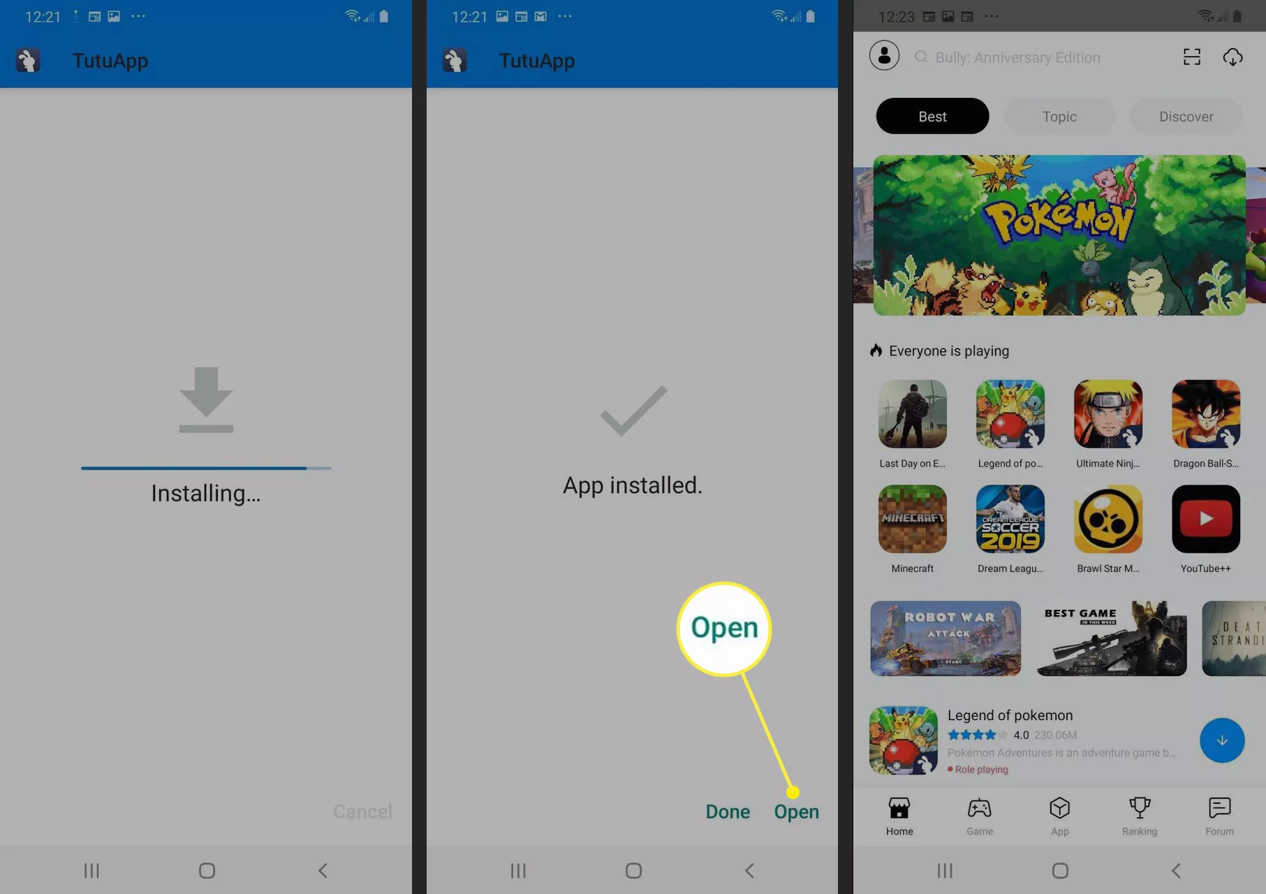 Pulsante Apri TutuApp e schermata iniziale che mostra le app disponibili per Android