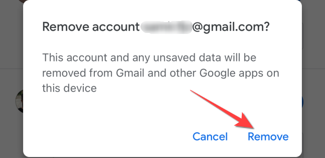 Tocca "Rimuovi" per confermare l'eliminazione dell'account Gmail.