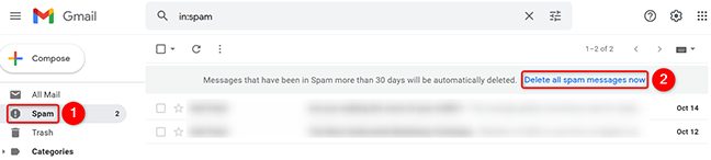 Fai clic su "Elimina tutti i messaggi di spam ora" in "Spam" su Gmail.
