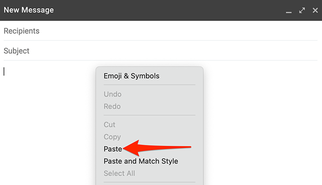 Fai clic con il pulsante destro del mouse sul corpo dell'email e seleziona "Incolla" in Gmail.