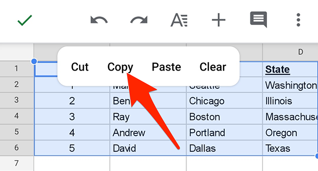 Seleziona "Copia" nel menu di scelta rapida di Fogli Google.