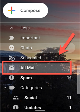 Premi la scheda Tutti i messaggi in Gmail per visualizzare tutti i messaggi di posta elettronica, inclusi i messaggi di posta elettronica archiviati