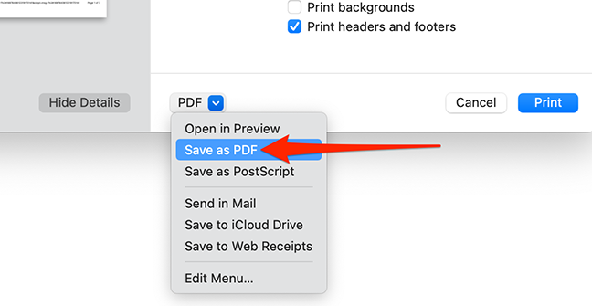 Scegli Salva come PDF dalla finestra di dialogo di stampa di Safari