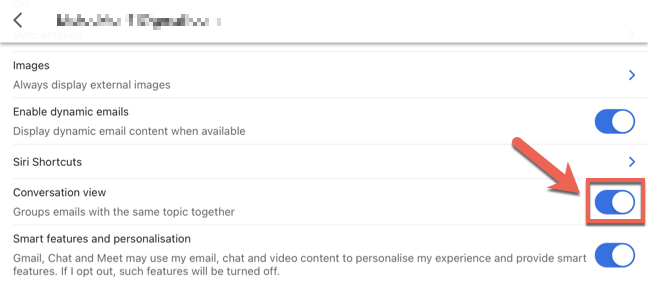 Tocca il dispositivo di scorrimento "Visualizzazione per conversazione" nelle impostazioni dell'account e-mail individuale nell'app Gmail per iPhone e iPad per disabilitare questa impostazione.