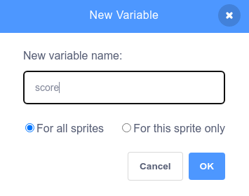 La finestra di dialogo della nuova variabile con "punteggio" inserito come nome della variabile