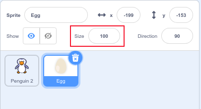 Regola le dimensioni dello sprite dell'uovo evidenziato nella finestra dello sprite