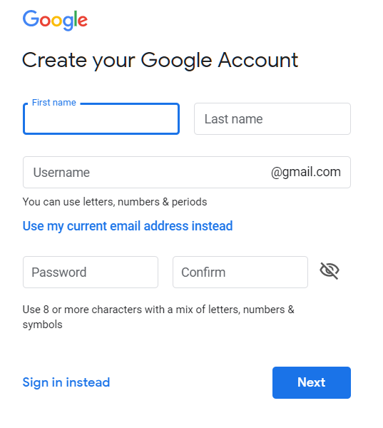 La pagina Crea il tuo account Google.