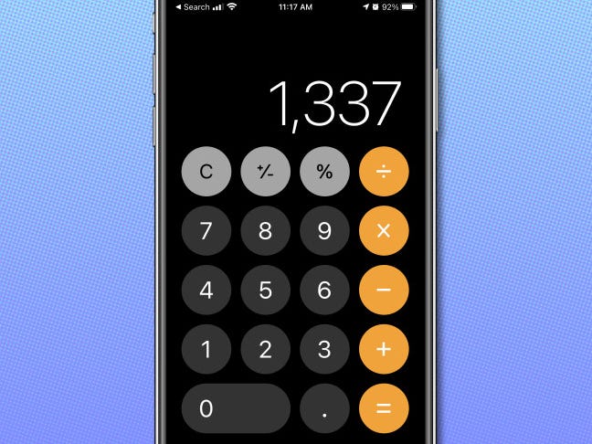 L'app Calcolatrice iPhone con orientamento verticale, che mostra la modalità normale.