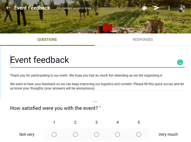 Un esempio di un modello di feedback sugli eventi su Moduli Google.