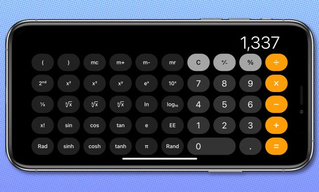 L'app Calcolatrice per iPhone con orientamento orizzontale, che mostra la modalità scientifica.