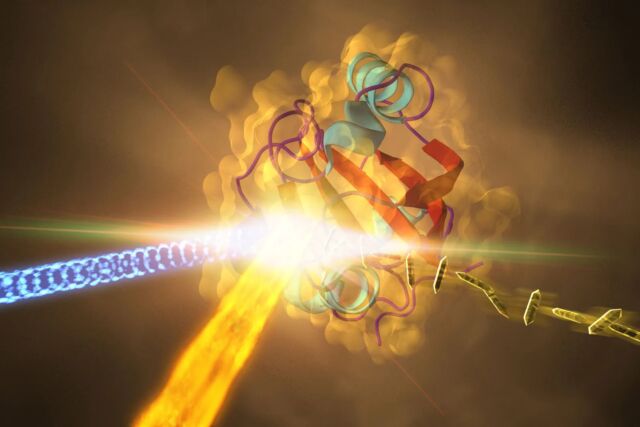 Questa illustrazione mostra un esperimento allo SLAC che ha rivelato come una proteina di batteri fotosintetici cambia forma in risposta alla luce.