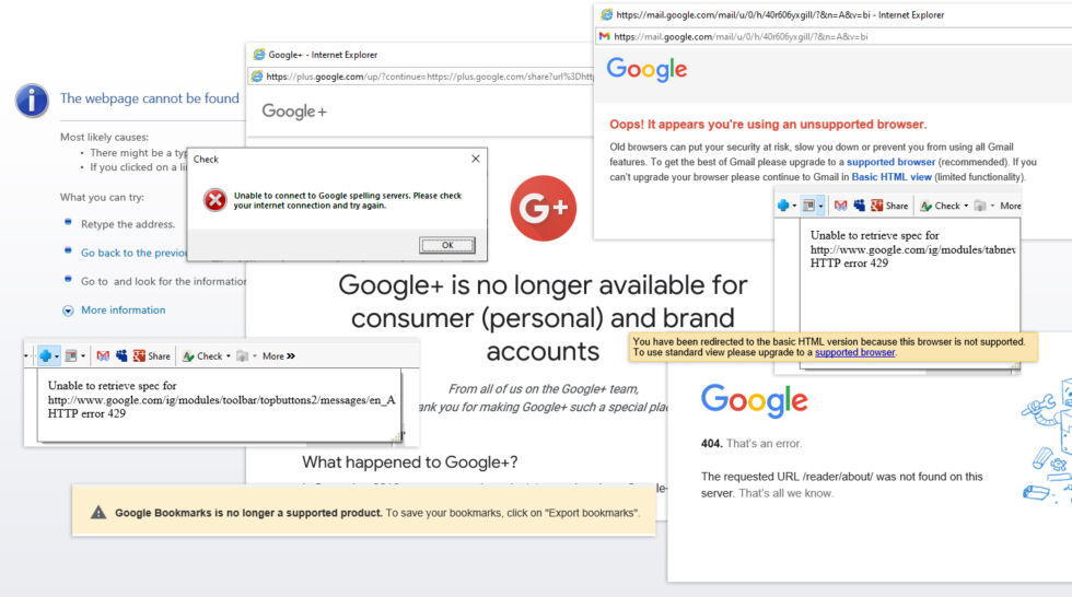 L'esperienza di "Google Toolbar nel 2021". Questi sono solo alcuni dei messaggi di errore che ho riscontrato.