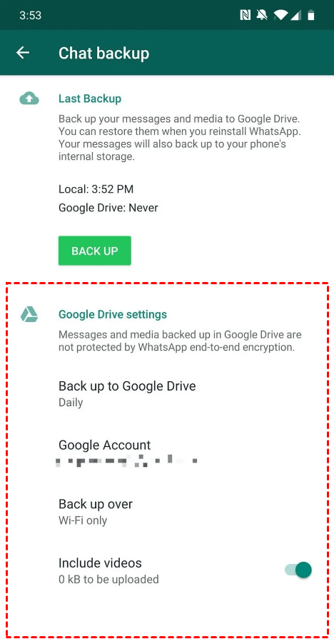 Impostazioni di backup di Google Drive