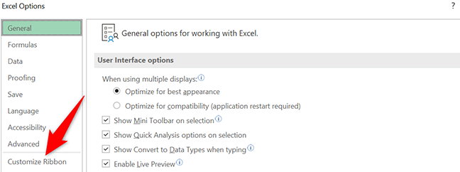 Fare clic su "Personalizza barra multifunzione" nella finestra "Opzioni di Excel".