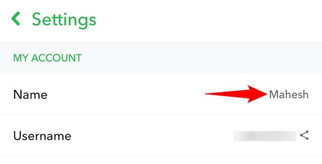Nuovo nome visualizzato in Snapchat.