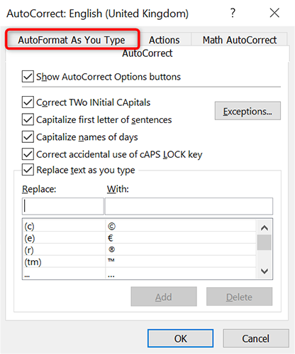 Fare clic su "Formatta automaticamente durante la digitazione" nella finestra "Correzione automatica".