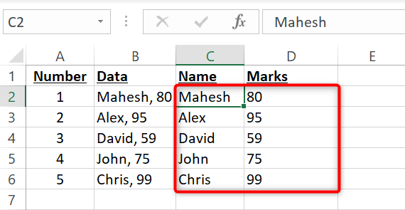 Dati a cella singola suddivisi in più celle in Excel.