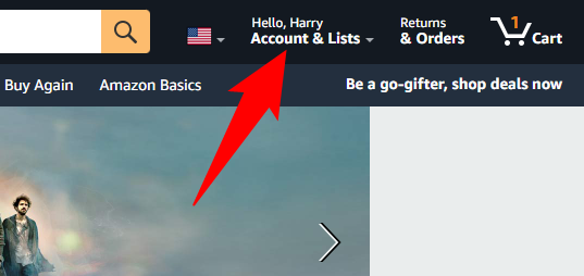 Passa il mouse sul menu "Account ed elenchi" su Amazon.