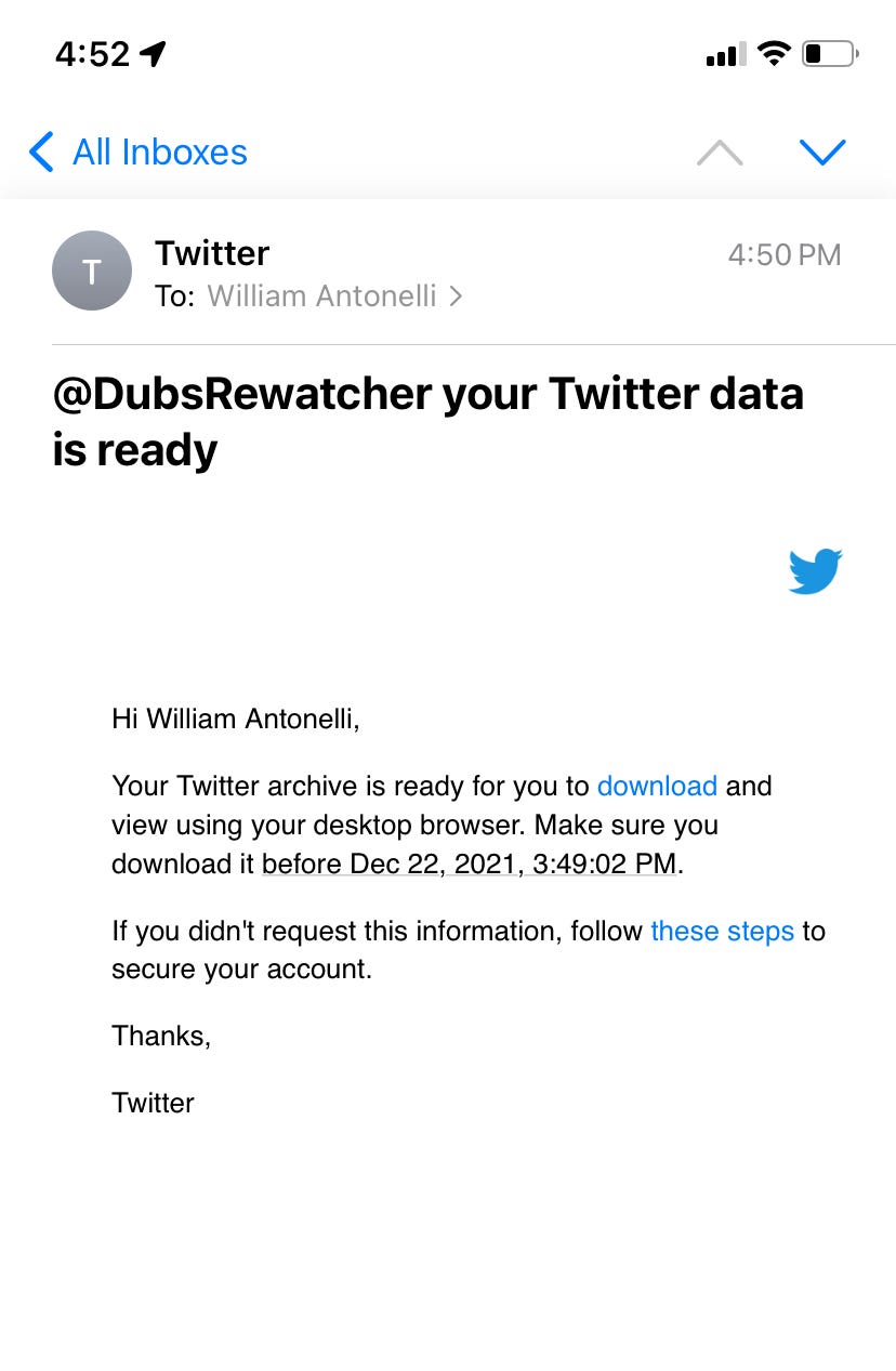 Un'e-mail da Twitter che chiede all'utente di scaricare i dati collegati.