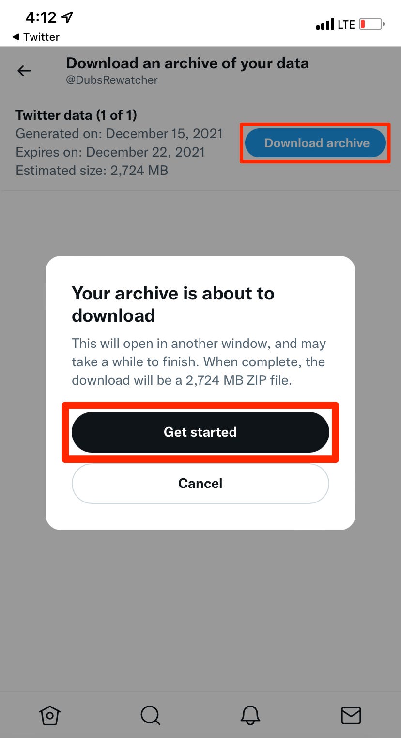 La pagina nell'app mobile di Twitter che ti consente di scaricare il tuo archivio.