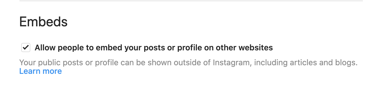 Screenshot delle impostazioni di incorporamento di Instagram sul desktop