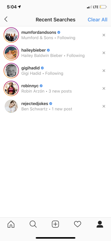 screenshot della pagina delle ricerche recenti di instagram