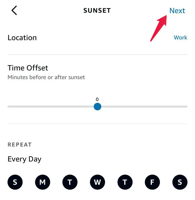 Set the sunset schedule for the Alexa automation trigger