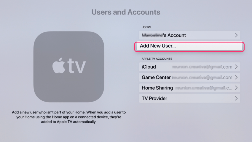 Aggiungi nuovo utente su Apple TV