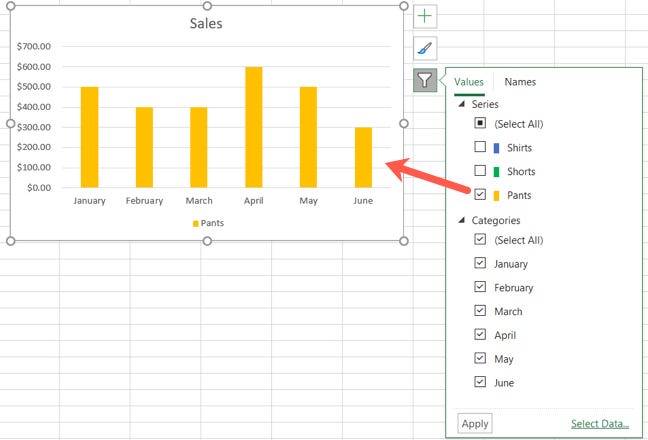Grafico filtrato in Excel su Windows