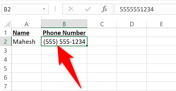 Celle selezionate formattate in formato numero di telefono in Excel.