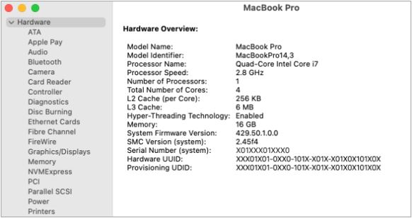 Panoramica dell'hardware delle informazioni di sistema di Apple macOS con i core del computer