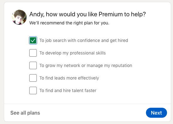 Seleziona le opzioni che desideri e LinkedIn ti consiglierà un piano