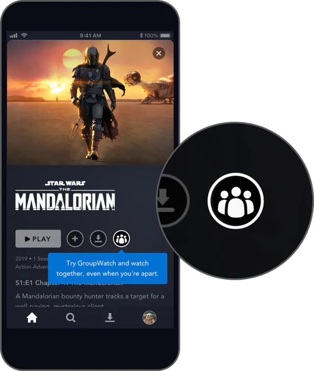Immagine promozionale "The Mandalorian" sopra l'icona GroupWatch per fare clic