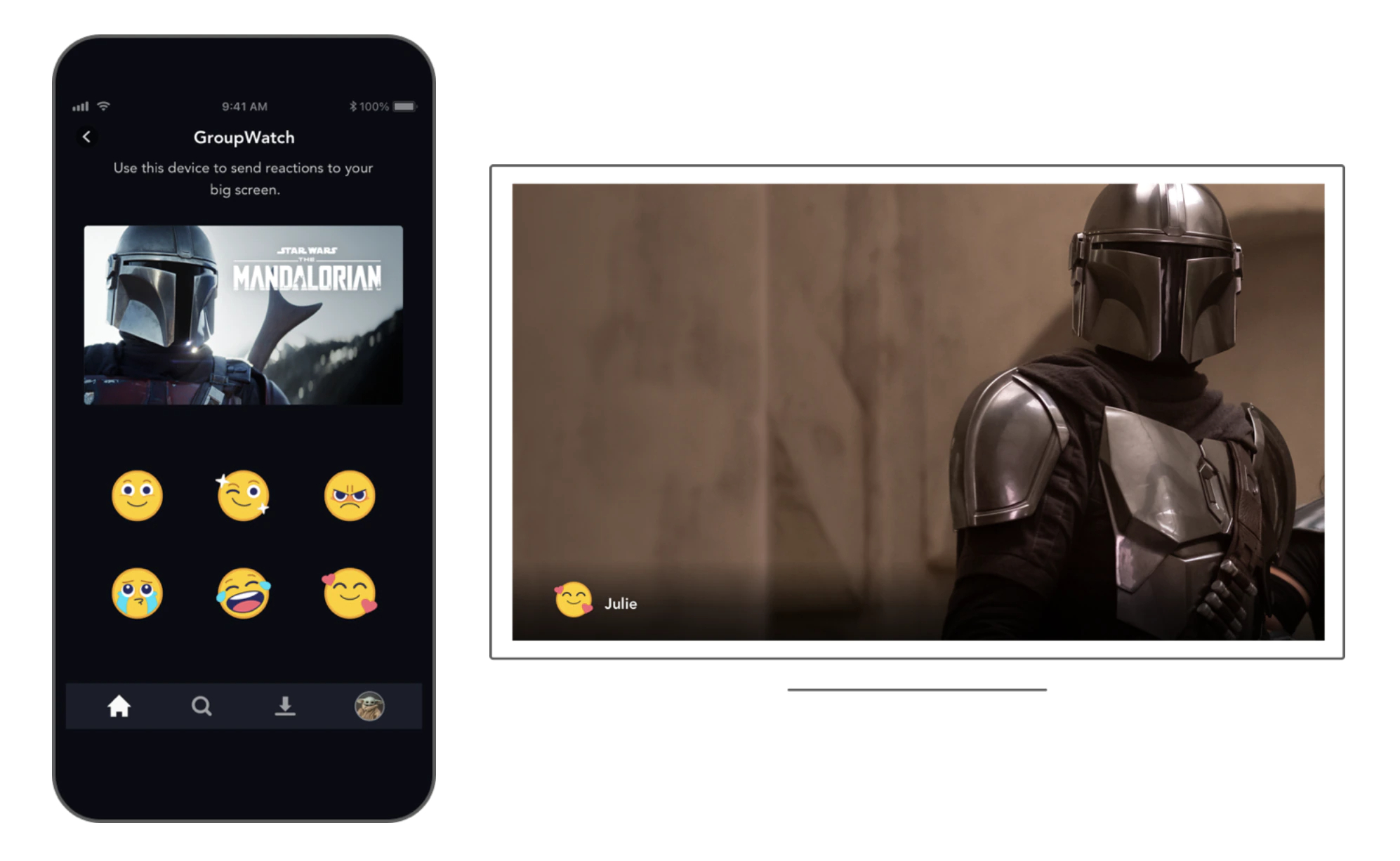 A sinistra, immagine del promo "The Mandalorian" sopra le sei emoji che puoi usare; a destra, ancora dal film e una faccina con emoji a cuori.
