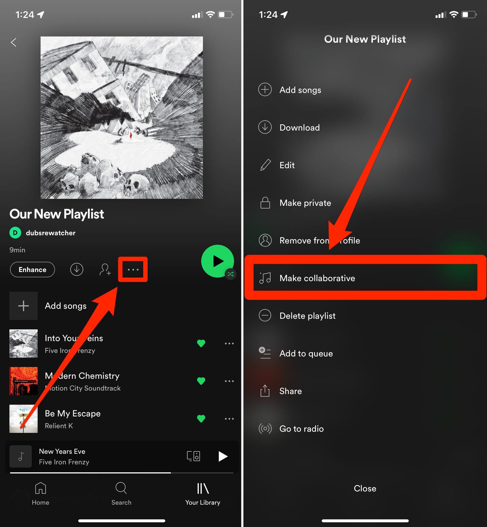 Due screenshot dell'app Spotify per iPhone, che mostrano come aprire il menu delle opzioni di una playlist e toccare "Rendi collaborativo".