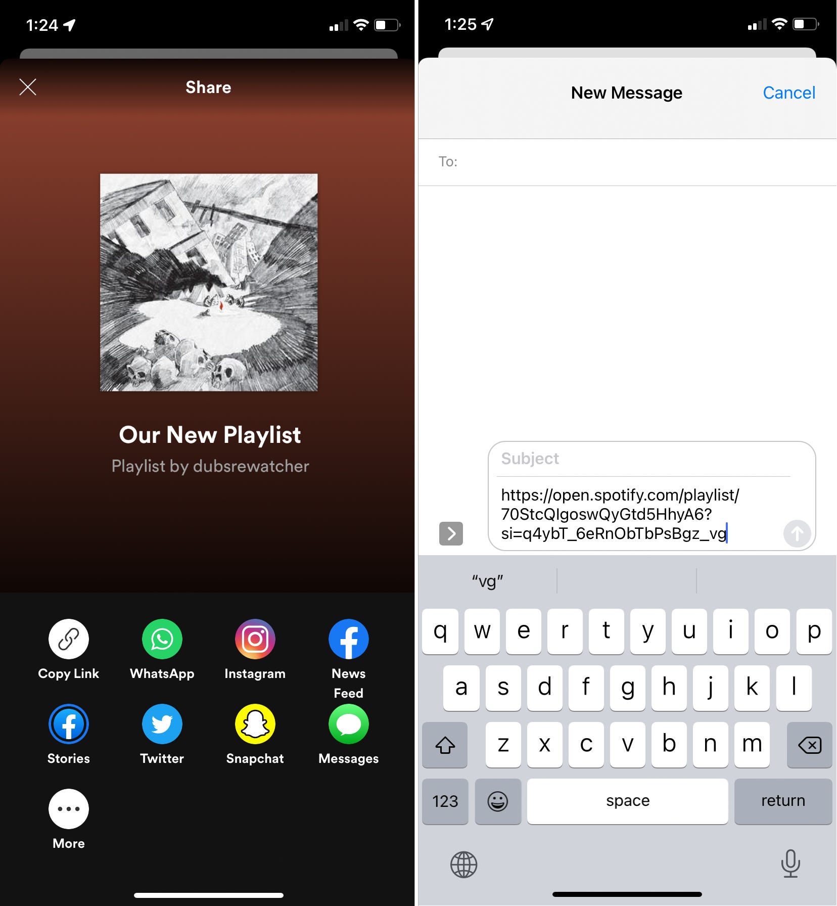 Due screenshot, che mostrano il menu di condivisione dell'app Spotify e un messaggio di testo in fase di composizione.