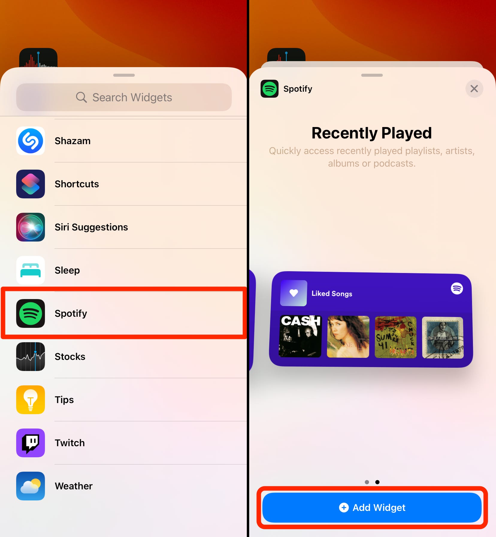 Due schermate che mostrano come aggiungere un widget Spotify alla schermata iniziale dell'iPhone.