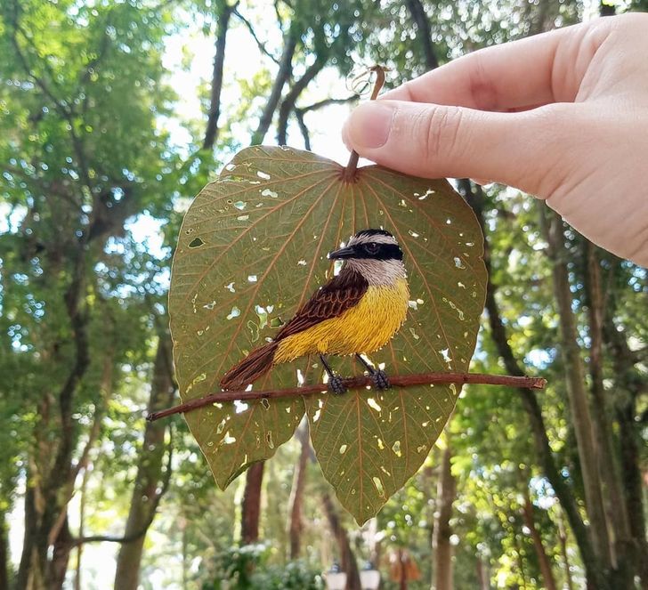 Un artista trasforma le foglie cadute in arte con ricami colorati