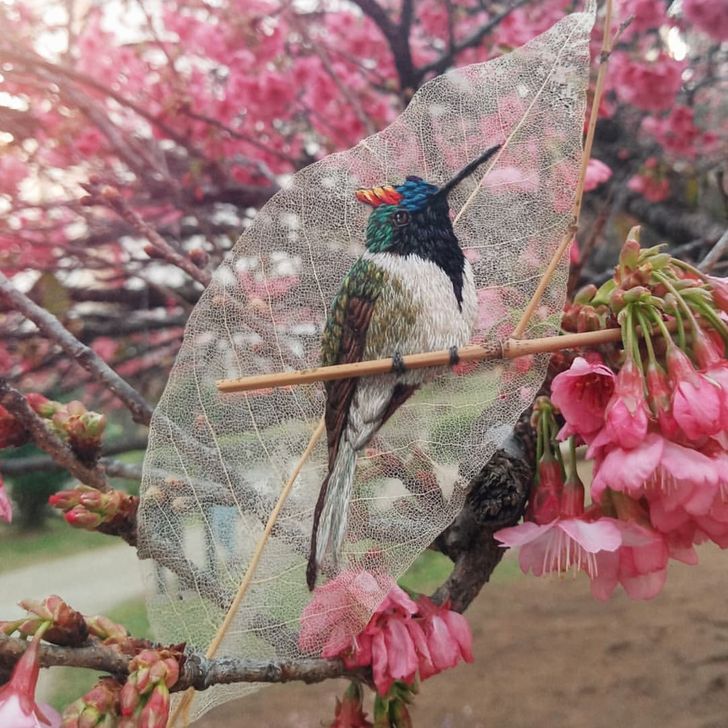 Un artista trasforma le foglie cadute in arte con ricami colorati