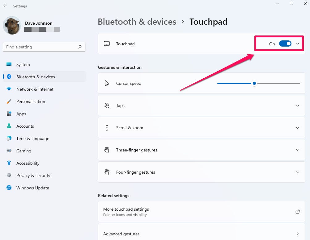 Impostazioni del touchpad in Windows.