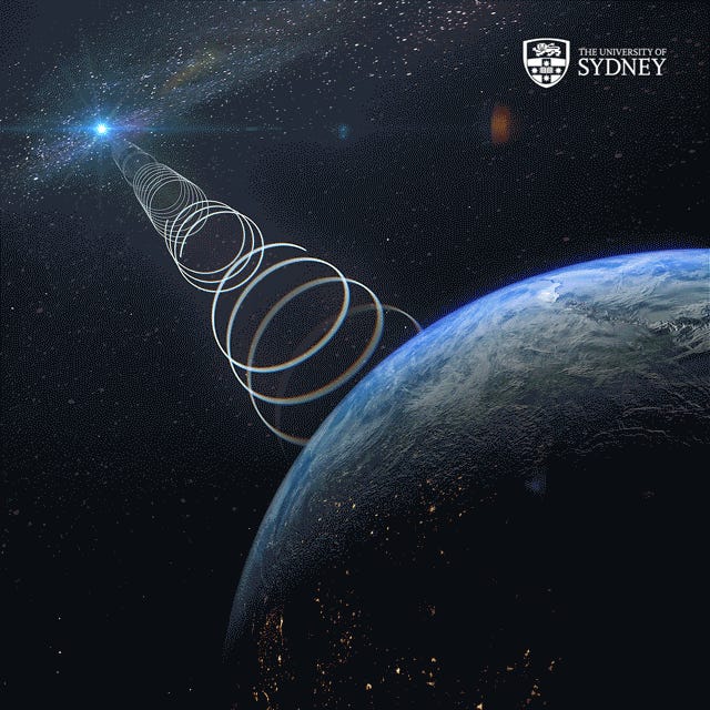 l'animazione delle onde radio mostra una luce brillante distante che invia spirali intermittenti verso la terra