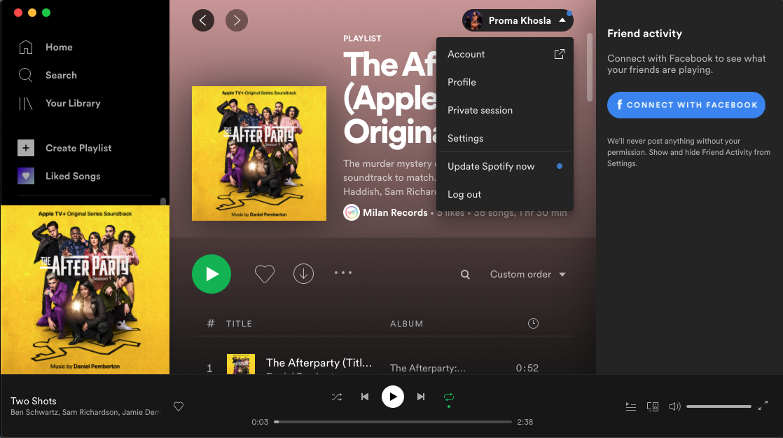 Una schermata dell'app desktop Spotify che evidenzia il menu sotto il profilo di qualcuno.