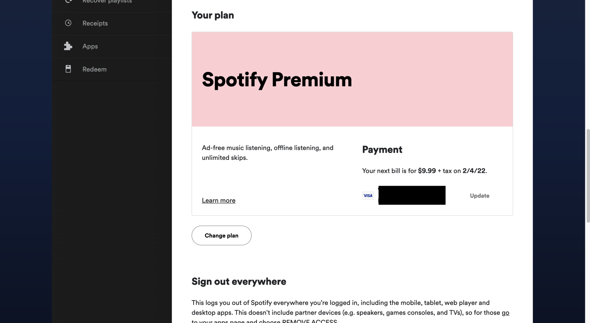 Screenshot delle impostazioni dell'account Spotify e delle informazioni di fatturazione.