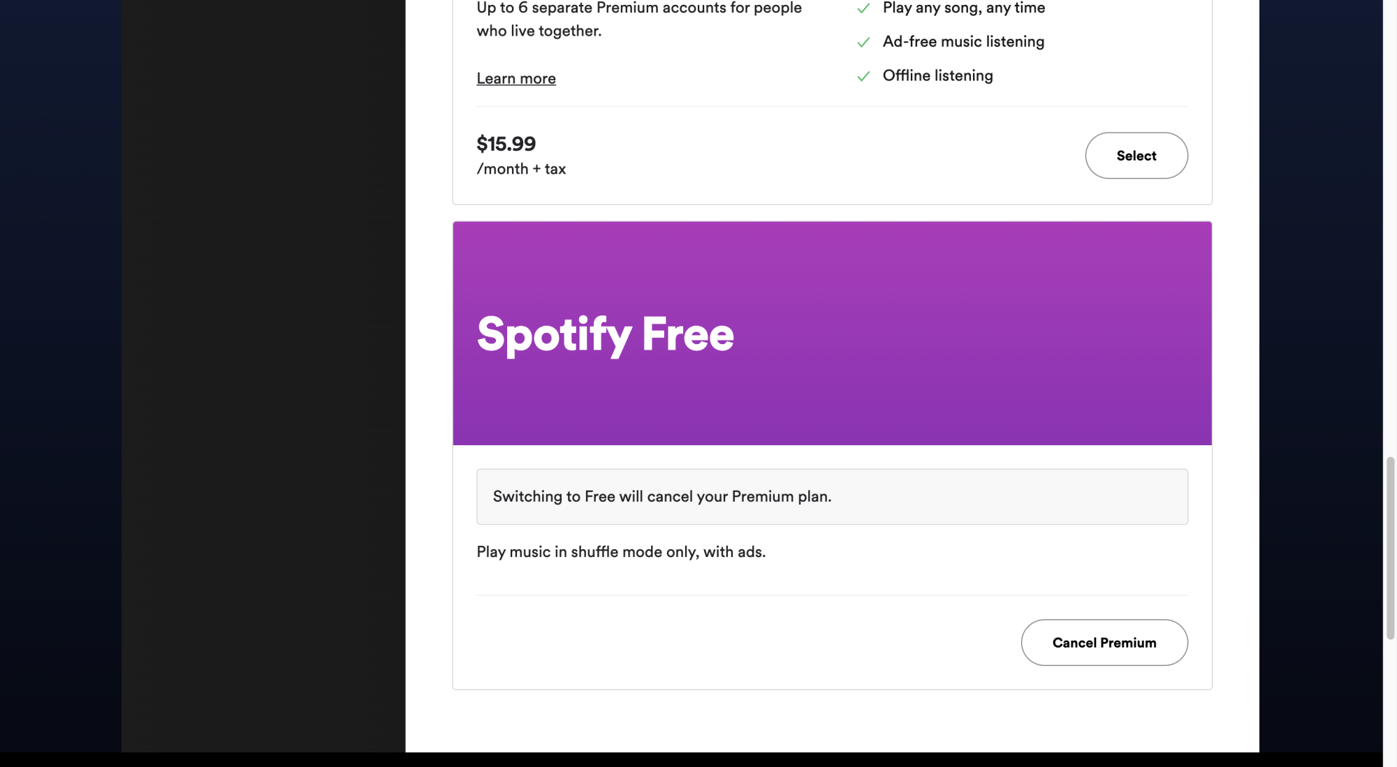 Screenshot dei piani di abbonamento di Spotify incentrati su "Spotify Free".